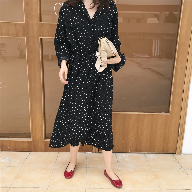 Осеннее платье 2018 женское шифоновое длинное в горошек повседневное кружевное с