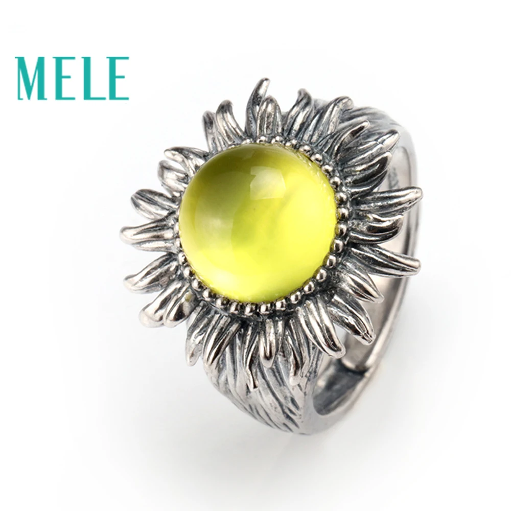 Natural yellow prehnite silver ring, round 10mm, fashion design and top quality, flexible ring size, fashion women's jewelry