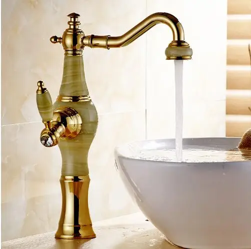 

Basin Faucet Gold Crane Brass Jade Body 360 Degree Swivel Bathroom Basin Faucet Deck Mount Counter top Water Mixer Tap