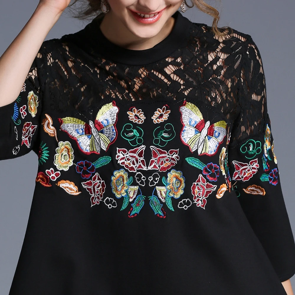 Maxlindy летние платья Кружева Вышивка Бабочка Лоскутная Стенд воротник Винтаж