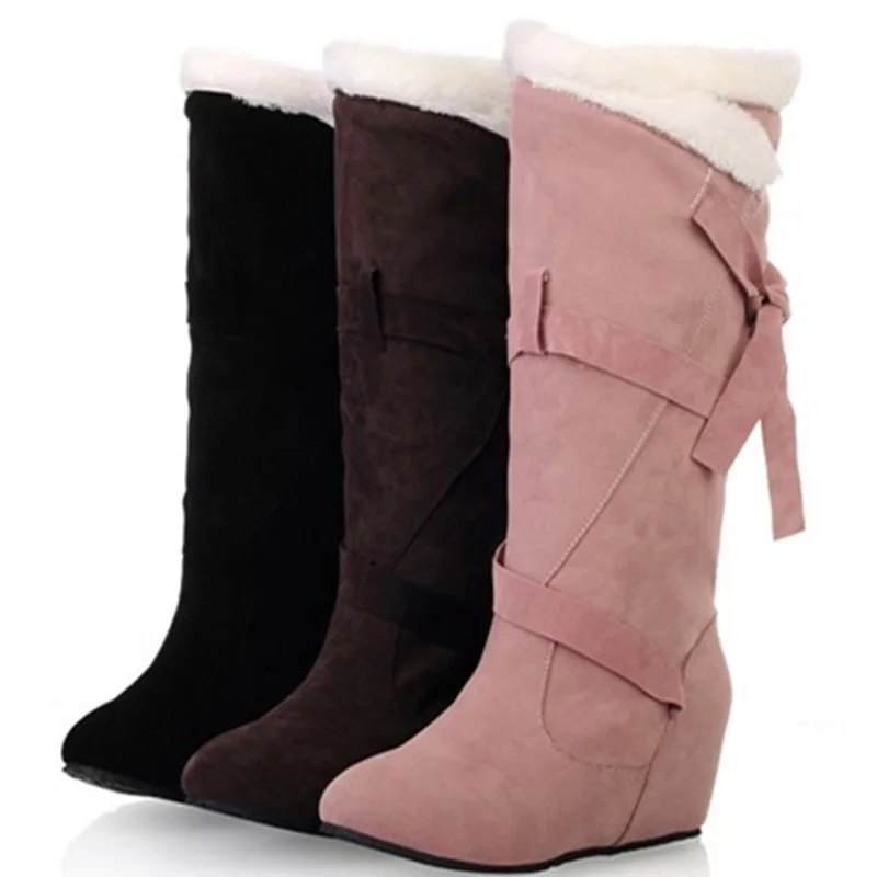 Женские теплые короткие плюшевые зимние сапоги из нубука с узлом модные до
