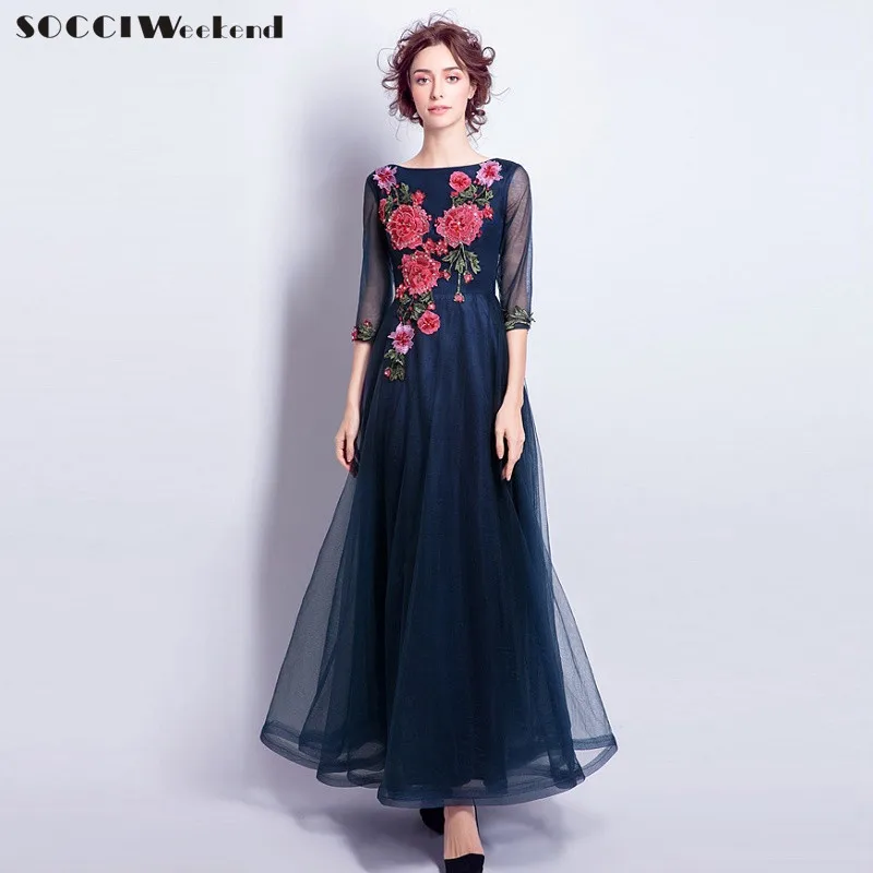 SOCCI/темно синие кружевные Длинные вечерние платья из тюля в пол женское
