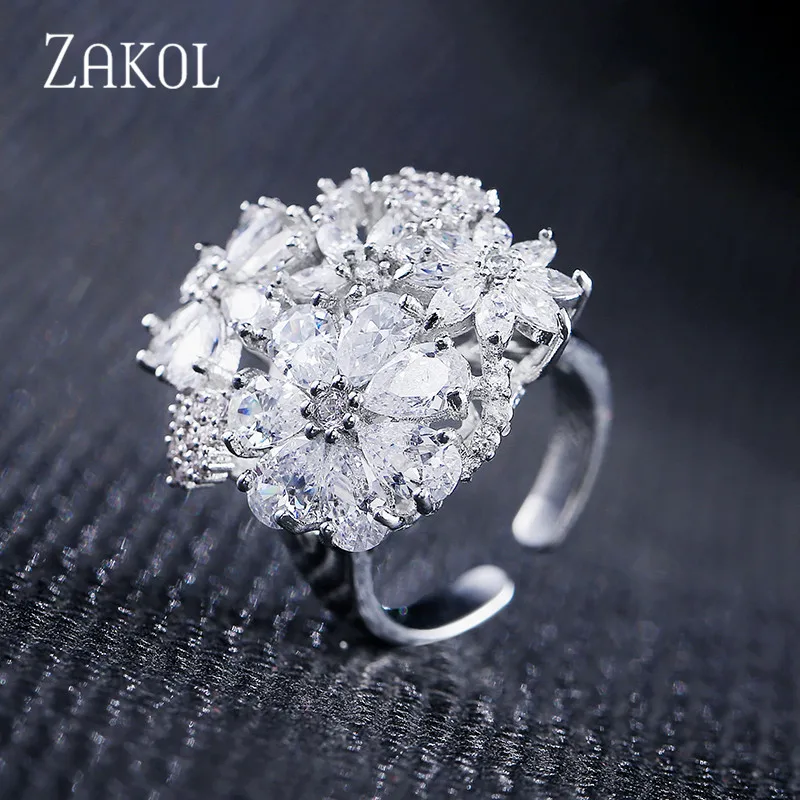 ZAKOL модное Открытое кольцо с кубическим цирконием цвета розового золота роскошные кольца на палец с большим цветком для женщин Свадебные ювелирные изделия FSRP231