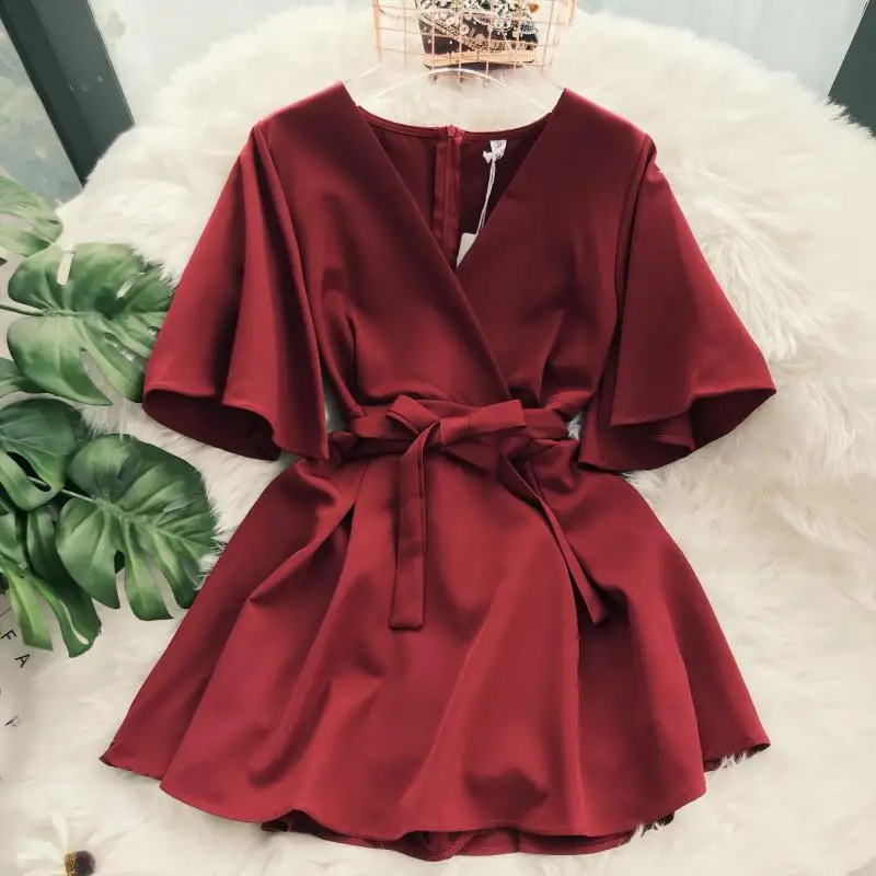 

Women Summer Fashion Casual Short Flare Sleeves V Neck Belted Decoration High Waist Short Jumpsuit Woman Elegant Chic Playsuit