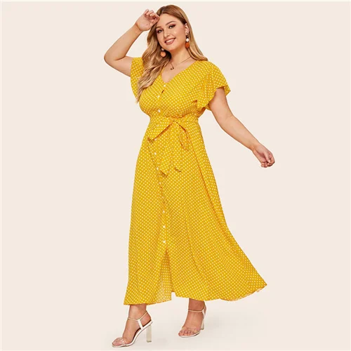 Цвет: желтый Sheinside Plus Size V Neck Polka Dot Dress Women Summer Flounce Sleeve Shirt Dresses Ladies Button Up Detail Maxi Dress - Цвет: Цвет: желтый