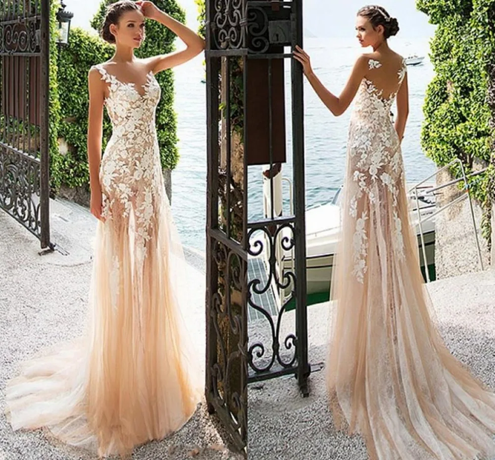 

robe de soriee New Bateau Neck See-through Prom Dress 2019 With Lace Appliques Champagne Evening Dress vestido de formatura