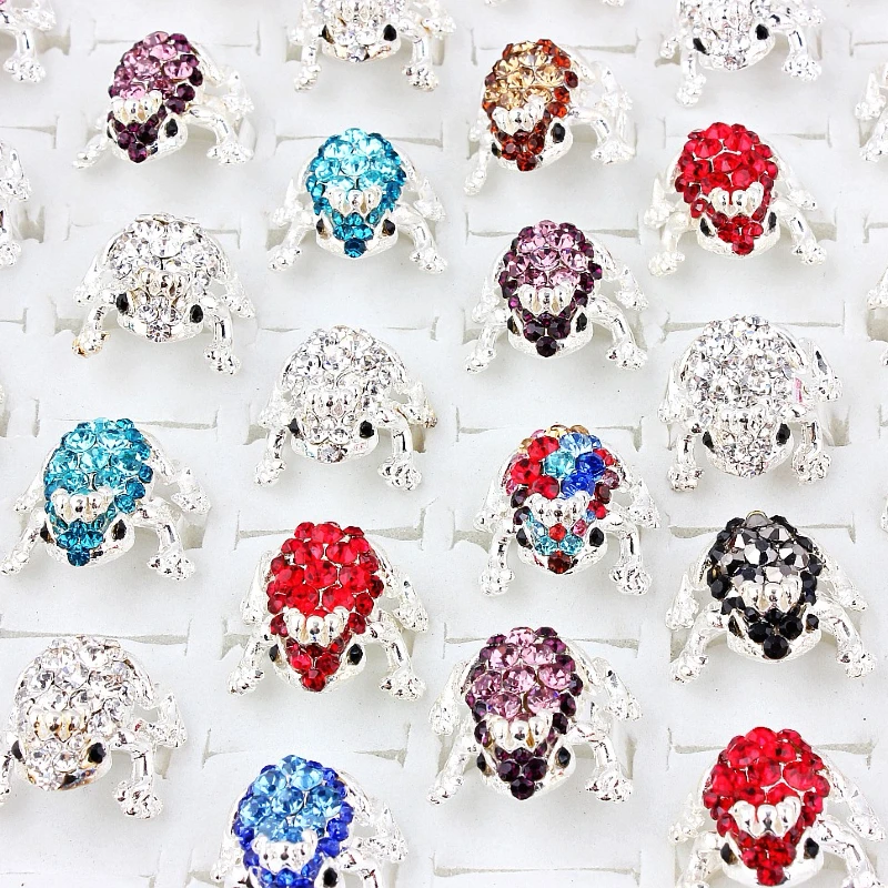 

QianBei Lovely Wholesale Mix 25pcs Frog Charm Rhinestone Crystal Ring Adjustable Gift Silver Exaggerated Rings Fashion Jewelry