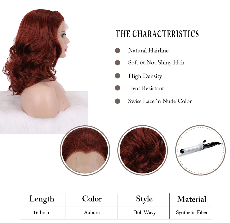 Imstyle Dark Red Wavy Wig For Women Synthetic Lace Front Wig Short Bob Wig Heat Resistant Fiber Natural Lace Cosplay Wigs