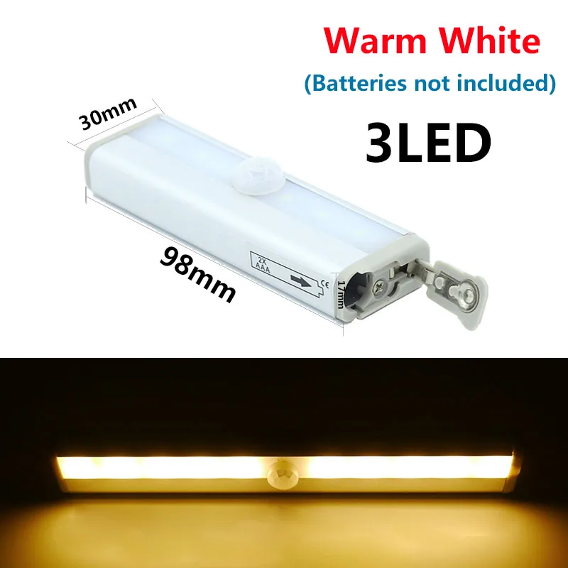 Warm White 3LED Под шкаф свет батарея светодиодный PIR датчик движения лампа 6 светодиодное освещение для шкафа шкаф кухонный ночник - Цвет: Warm White 3LED