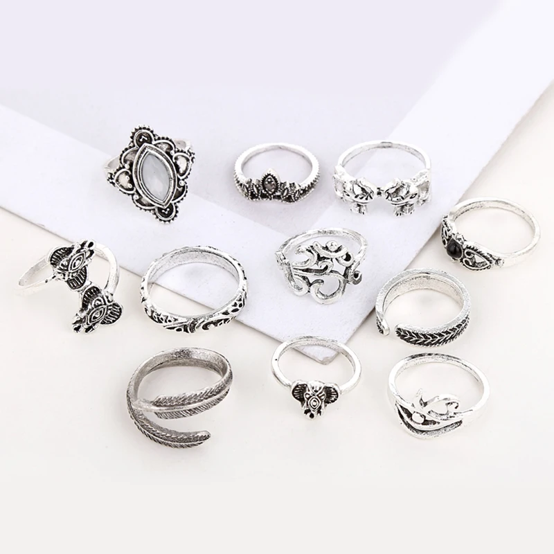 YAOLOGE Vintage Knuckle Ring Set for Women Fashion Anel Aneis Bague Femme Stone Midi Finger Rings Boho Jewelry 11pcs R156 | Украшения и