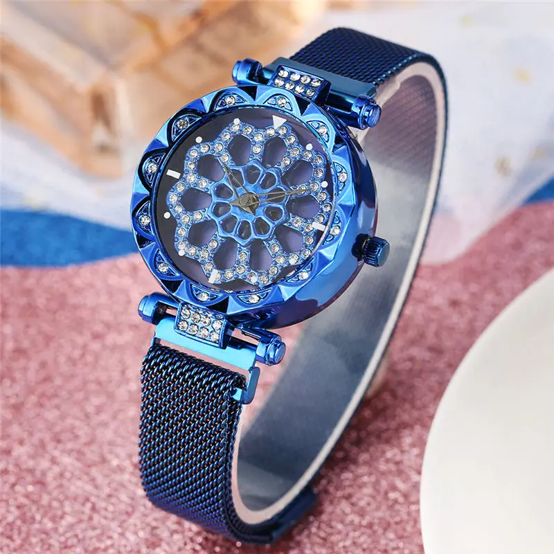 

Luxury Ladies Watch Diamond-encrusted Revolvable Dial Gold Steel Mesh Quartz Women Watches Magnet Buckle Top Brand Clock relojes