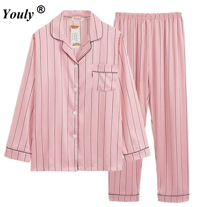 Pink Striped Satin Long Pajama Set 2021 V Neck Turn-down Collar Long Sleeve Pajama Set Women Elegant Autumn Nightwear homewear