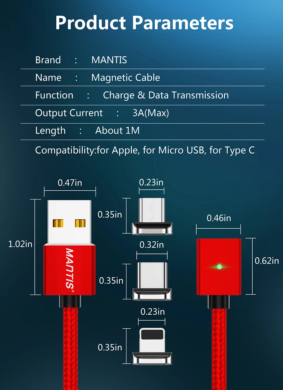 Магнитный кабель MANTIS 3A для Iphone Xs Max Xr X 8 7 6 6s 5 5S Se Ipad Mini Quick Charge 3,0 светодиодный Usb кабель провод для быстрой зарядки
