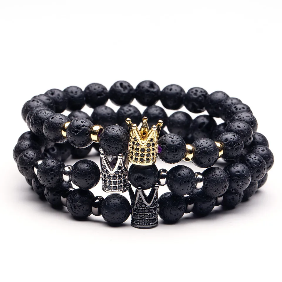 Очаровательный золотой серебряный цвет Корона натуральный Лава камень бусы