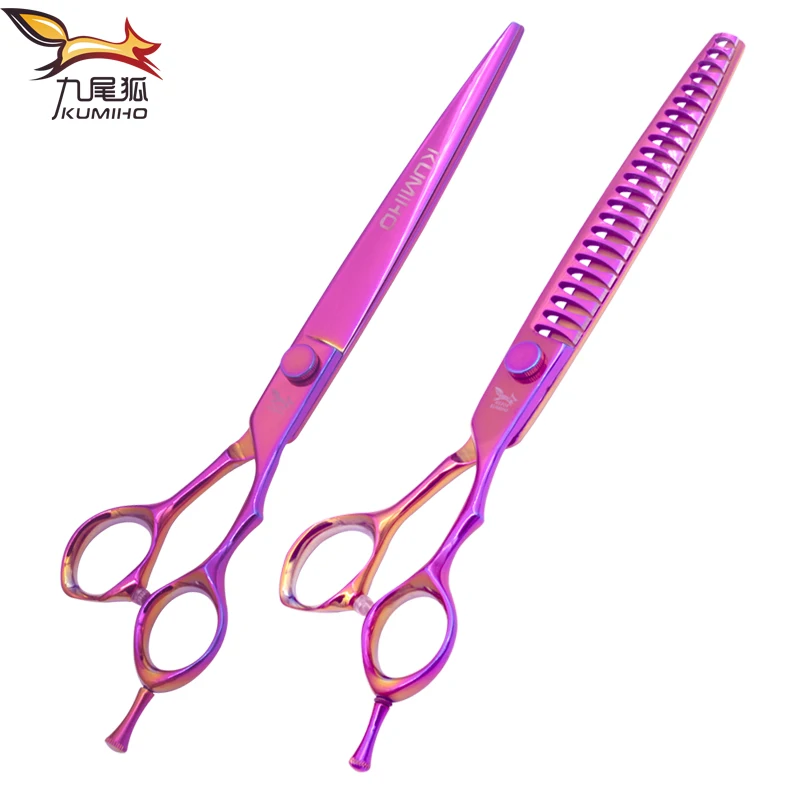 

KUMIHO purple pet grooming scissors 8inch Japan 440C cutting scissors and chunker dog cat scissors kit free shipping