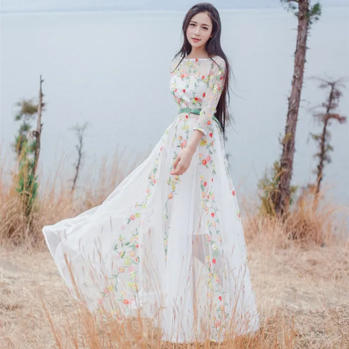 Новый белый three квартал рукава о-образным вырезом вышивка кружева длинные dress