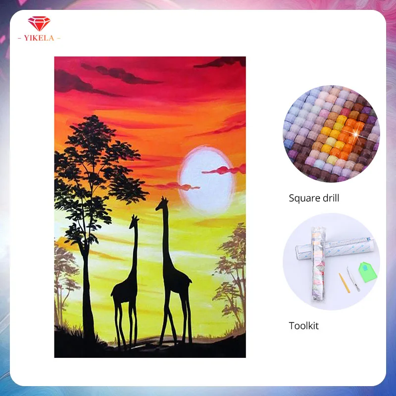 

YIKELA DIY Giraffe Diamond Painting Full Square Diamond Needlework Handicrafts 5D Setting Sun Scenery Decorative Embroidery Kit