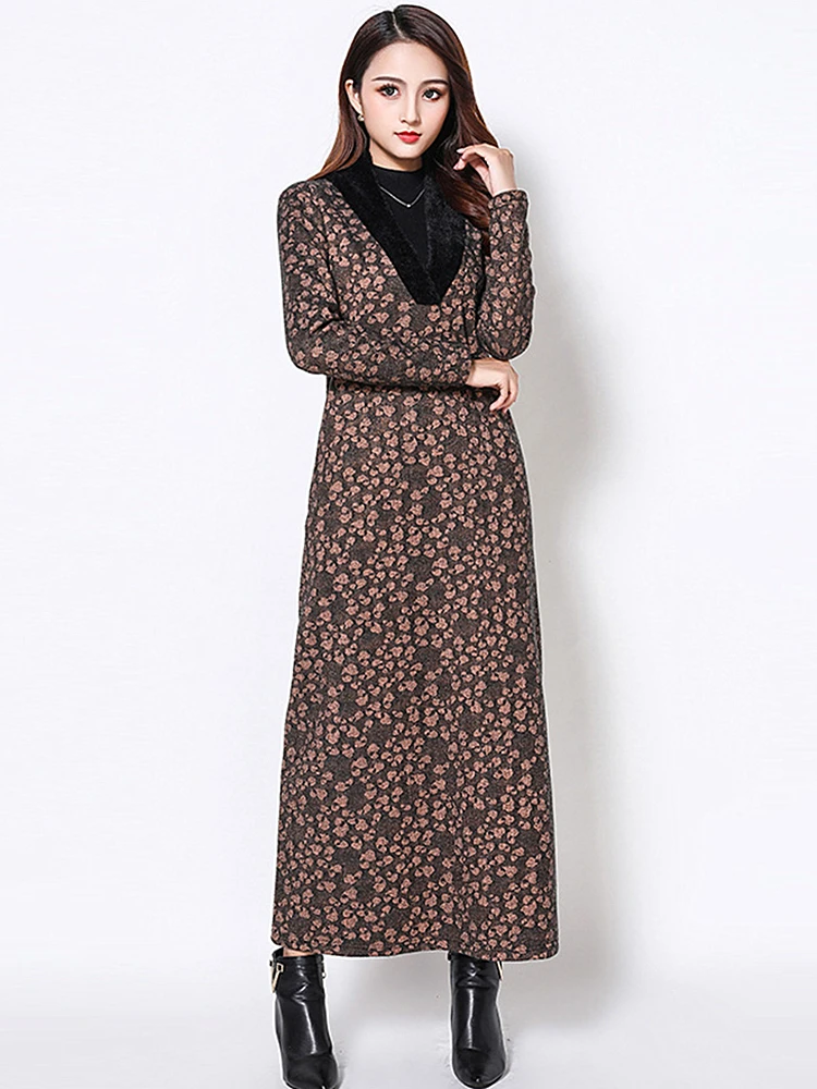 

Autumn Winter New Large Size Women Long Dress Retro Print Long Sleeve Plus Velvet Loose Fur Collar Female Dress Keep Warm