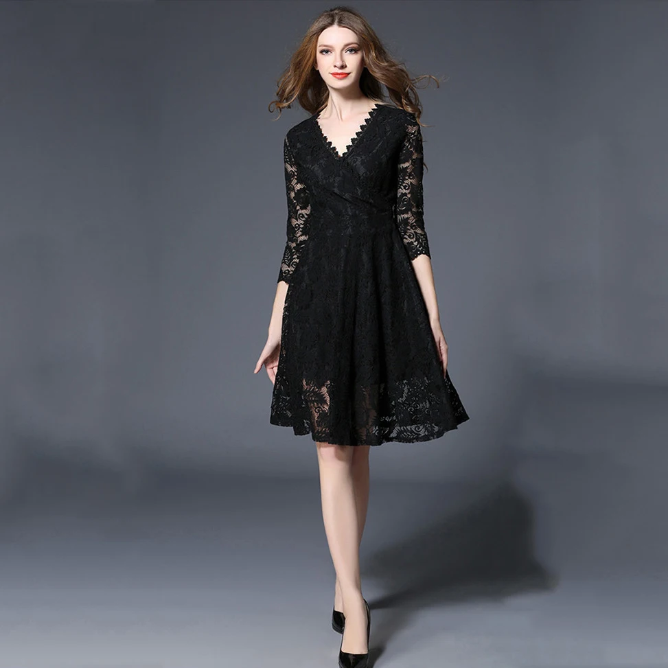 FANTASYONE 2017 Vintage Spring Black Dress Women Robe Rockabilly Feminino Vestidos Hepburn Retro Knee Length Dresses Lace | Женская