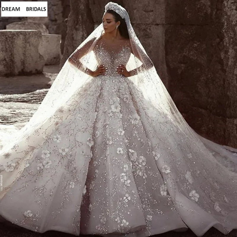 High Quality Ball Gown Luxury Vestido De Noiva 2019 Long Sleeves Heavy Beading Sequined Flowers Wedding Dresses Custom Made |