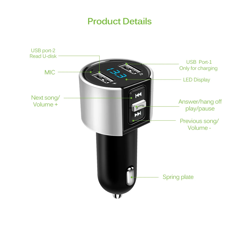 Автомобильный Bluetooth плеер FM модулятор с двумя USB портами функцией быстрой