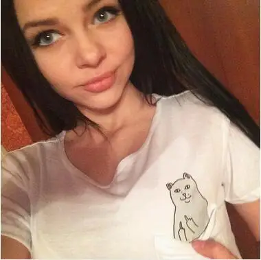 Bad Cat средний палец принт 2019 летний топ женская футболка карман Tumblr милый кавайный