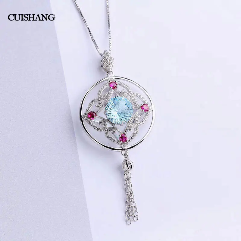 

CSJ Sky Blue Topaz Topaz Pendants 925 Sterling Silver Engagement Necklace For Women Wedding Party Gift Fine Jewelry