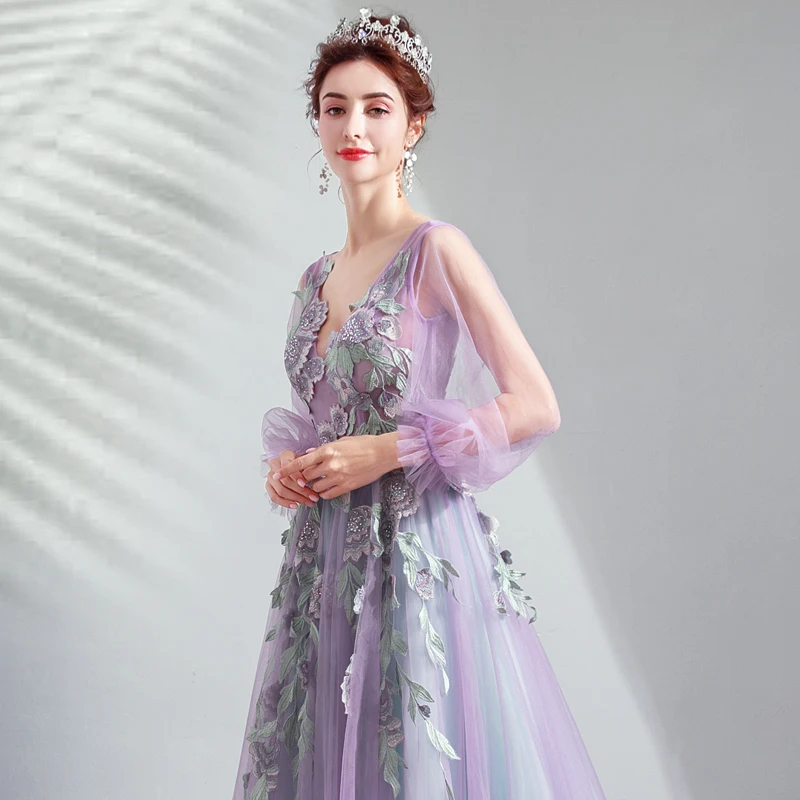 Женское вечернее платье со шлейфом SSYFashion элегантное фиолетовое длинное с