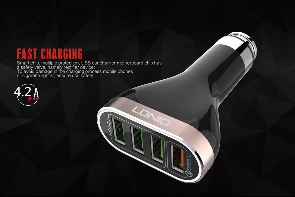 LDNIO C701Q USB Автомобильное зарядное устройство 5 В 4.2A Быстрая зарядка Qualcomm 3,0 4 порта прикуриватель адаптер для сотовых телефонов Xiaomi Tablet