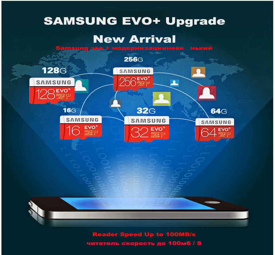 Карта памяти SAMSUNG Micro SD card Карты Памяти EVO+ Плюс 256 ГБ 128 ГБ 64 ГБ 32 ГБ 16 Г Class10 TF Карта C10 sim-карты 100 МБ/С. SDHC/SDXC UHS-I128gb micro sd 128 ГБ