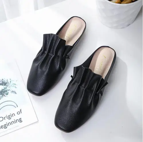 Square Toe Black Женские туфли без задника из натуральной кожи; сандалии из свиной кожи с оборками; женские шлепанцы без задника с квадратным носком; тапочки на плоской подошве с закрытым носком; Pantuflas - Цвет: Square Toe Black