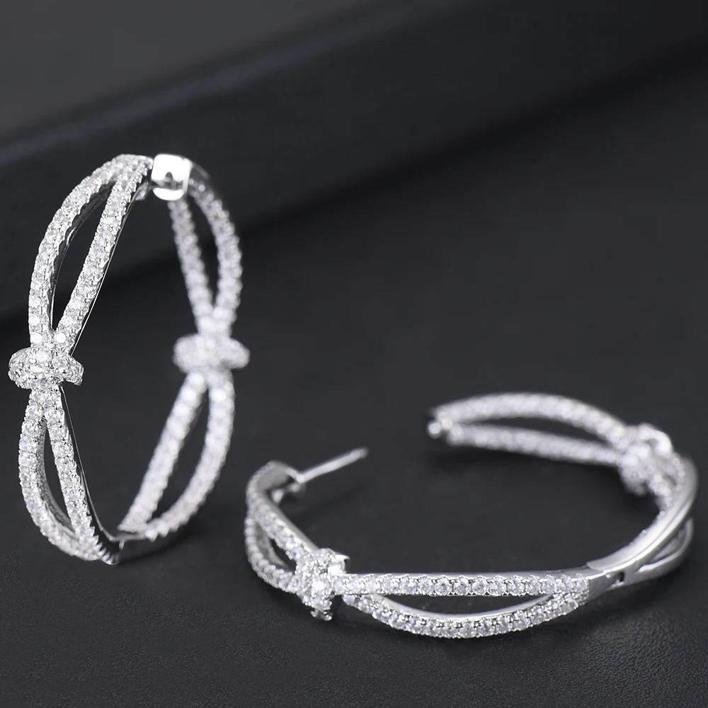GODKI 38 мм роскошные серебряные Bowknots Кубический Кольцо с цирконами Серьги для