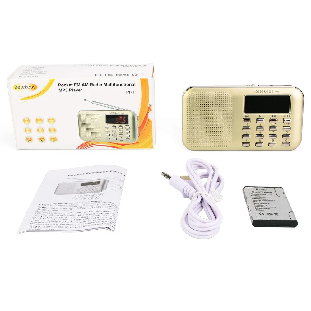 RETEKESS PR11 мини портативное радио Цифровая настройка FM/AM Музыкальный плеер фонарик