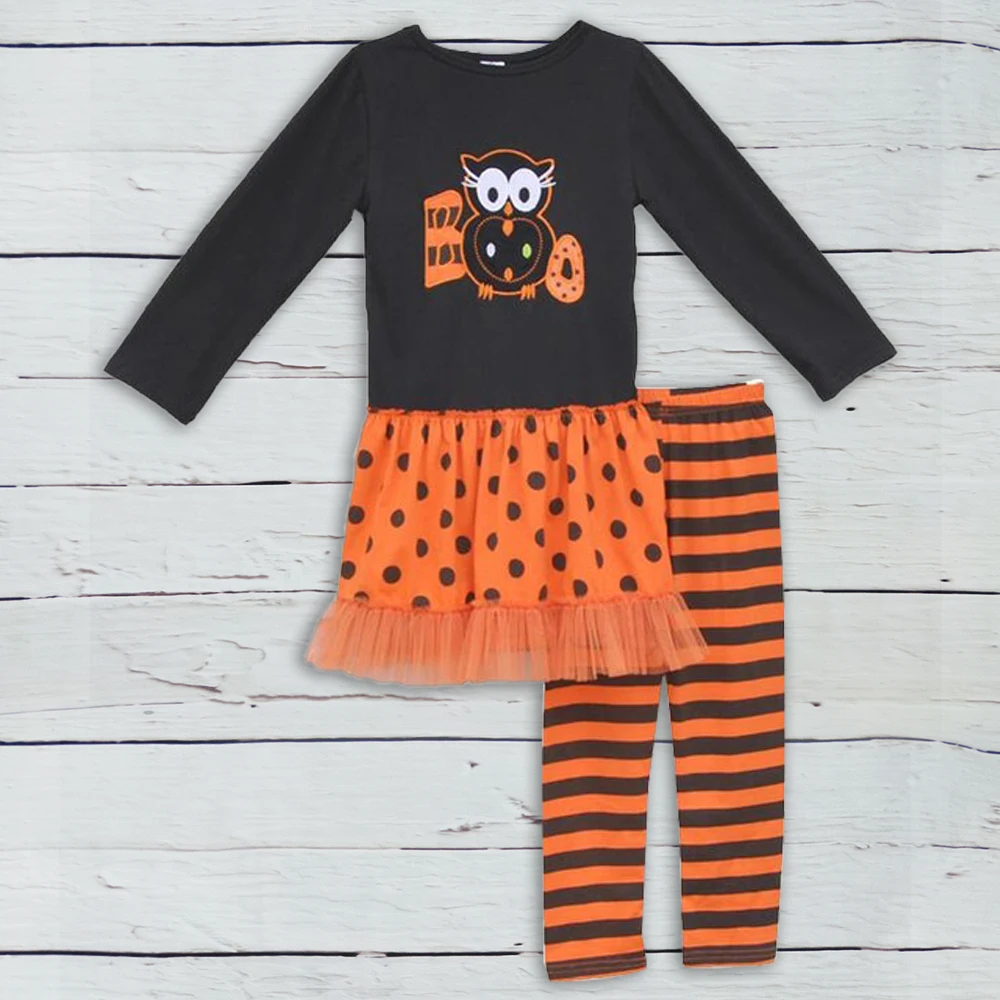 Hot Sale Girls Black Owl Decoration Splicing Dot Lace Long Sleeve Tops Fashion Kids Trousers Children Clothes H011 |