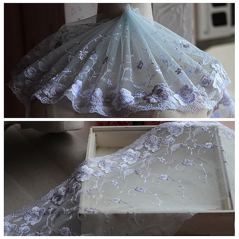 

2yards/lot 20cm wide Embroidered Tulle Lace trim mesh lace trim~Light blue + gray ~lovely