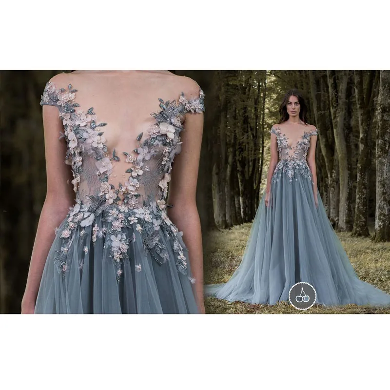 

Gorgeous Long Evening Gowns Sheer Neck Applique Elegant Event Party Dresses Cap Sleeve A-Line Vintage Formal Prom Gowns Custom
