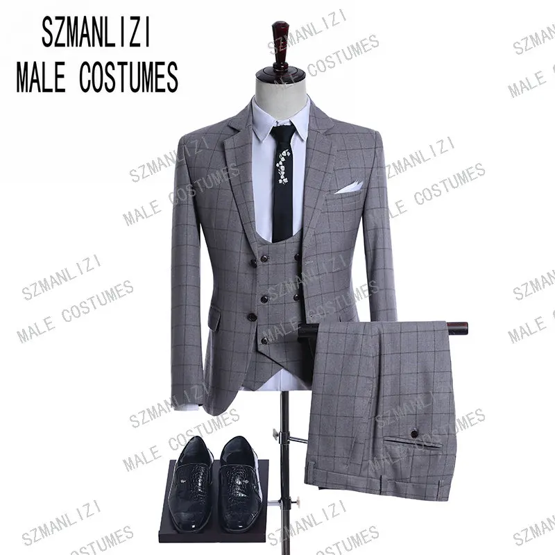 Мужской приталенный костюм смокинг Ternos формальный из 3 предметов клетчатый