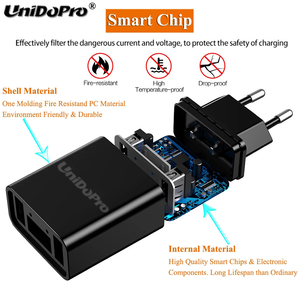 Зарядное устройство переменного тока с 2 USB портами и европейской вилкой макс. А +