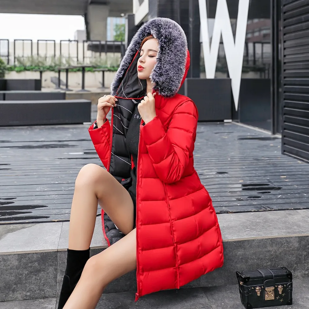 

Winter women's long down cotton padded casual wild Europe and the United States new two sides can wear large fur collar coat