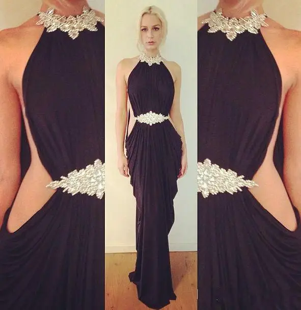 

Inspired by Michael Costello Evening Dress Pick-up Pleat Sleeveless Rhinestone Sexy Open Sides Black Chiffon Party Gowns