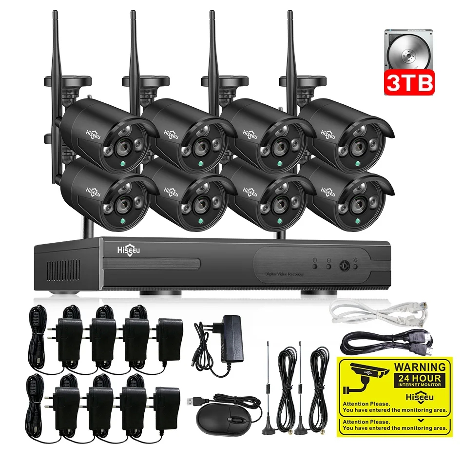 Черный 2MP CCTV система 1080P 8ch HD Беспроводной NVR комплект 3 ТБ HDD наружная ИК Ночная IP Wifi камера система безопасности видео наблюдение Hiseeu - Цвет: Черный