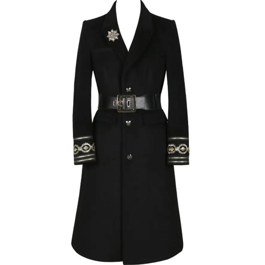 Женское длинное шерстяное пальто приталенное с вышивкой и поясом|Женские пальто|