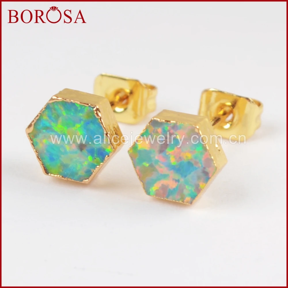 Женские серьги гвоздики BOROSA золотой Шестигранник белый/синий опал японский