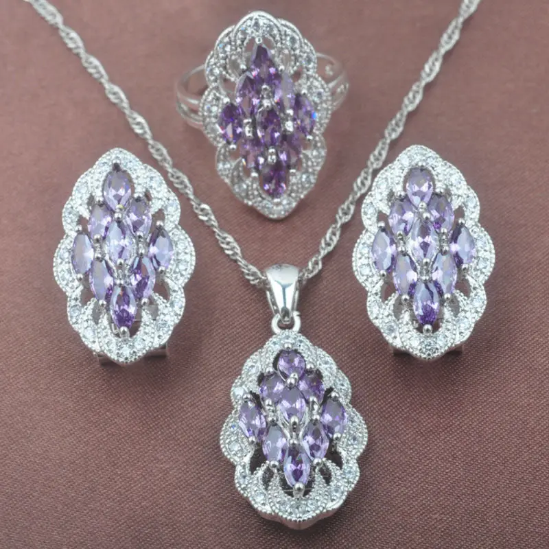 Необычный фиолетовый кристалл белый CZ женский серебряный цвет Ювелирные наборы