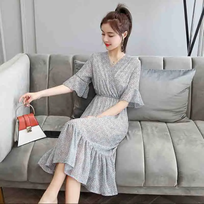 2019 Новый Для женщин шифоновое платье Винтаж Лето v-образным вырезом Flare рукавом