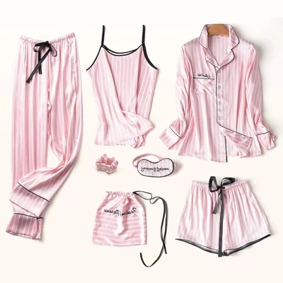 

Daeyard Silk Sleepwear 7 Pieces Pyjama Set Women Autumn Winter Sexy Pajamas Sets Sleep Suits Soft Sweet Cute Nightwear Home W