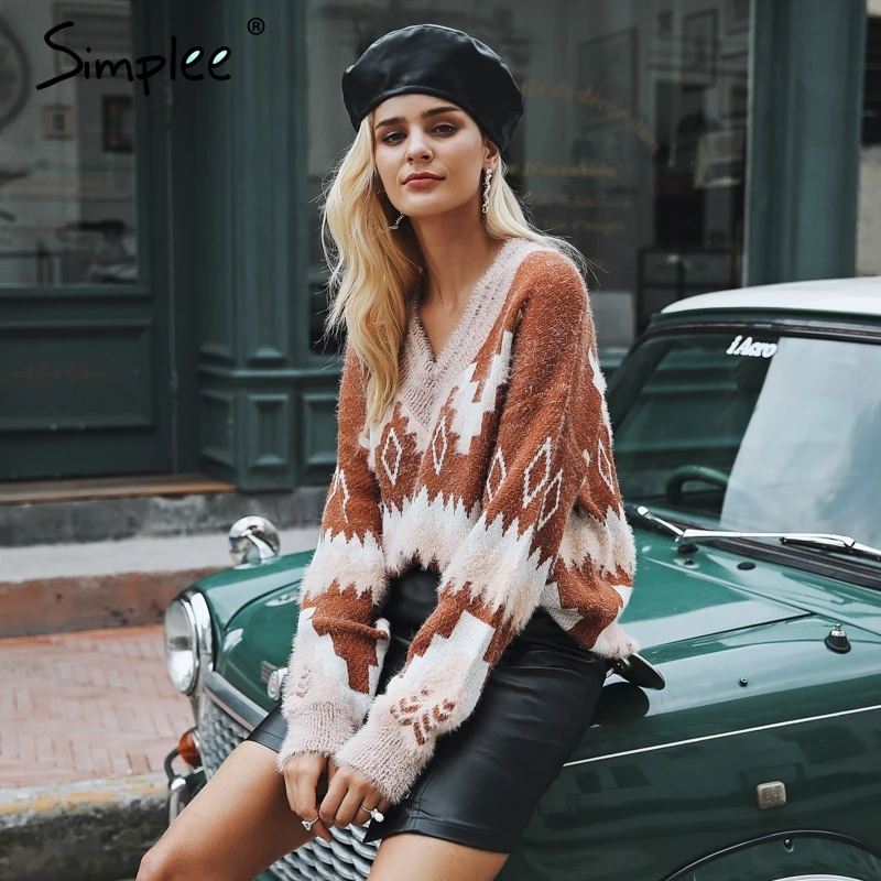 Женский геометрический свитер Simplee уличный повседневный пуловер верблюжьего