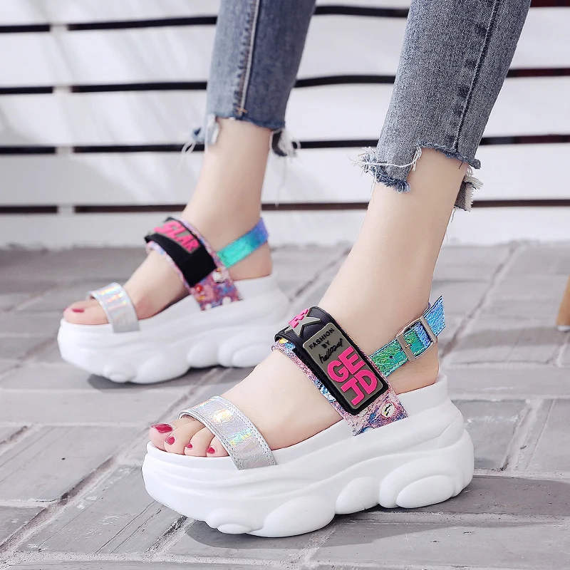 2019 удобные женские туфли на танкетке сандалии очень высоком каблуке и платформе