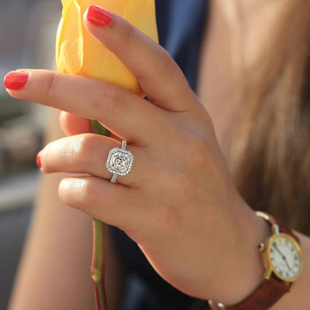 Asscher Cut 14k белое золото 4ctw DF обручальное свадебное лабораторное выращенное кольцо