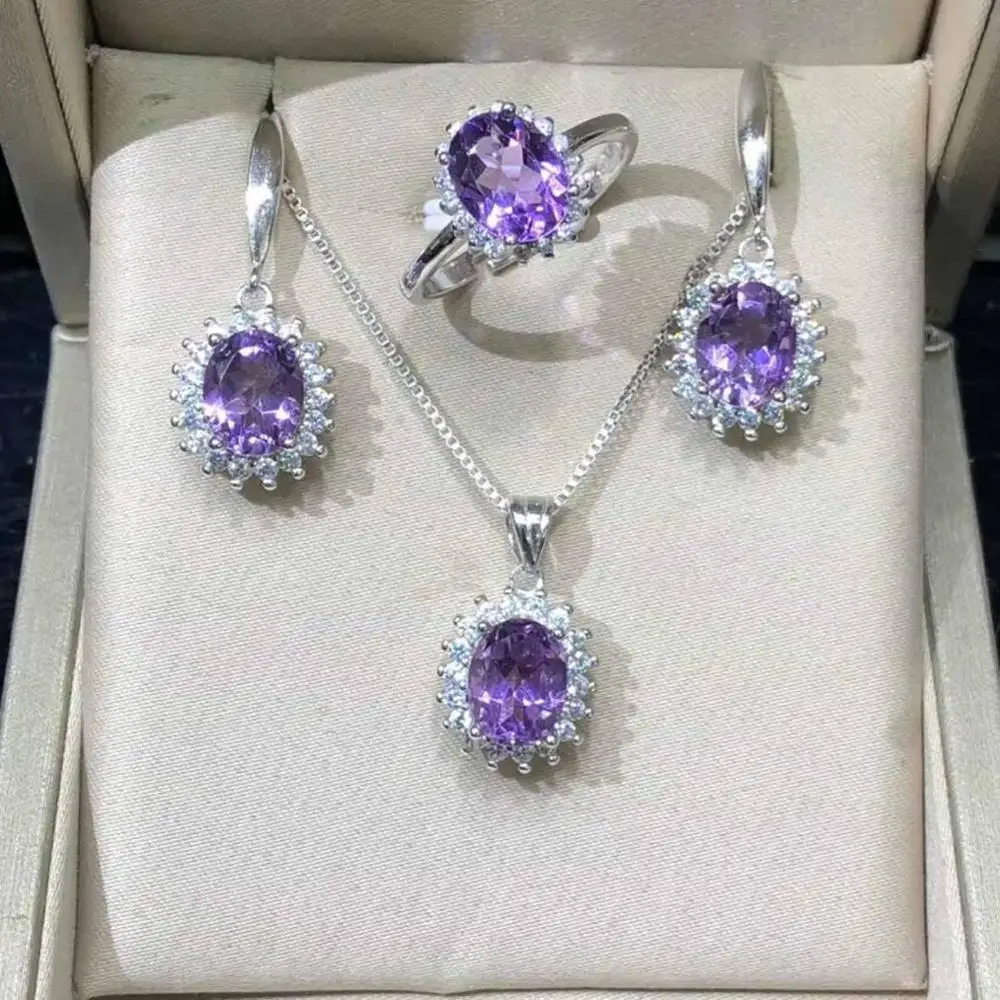 Amethyst Ювелирный набор, кулон, ожерелье, серьги, кольца, Натуральный топаз, камни, женские 925 Серебряные украшения для подарка - Цвет камня: Amethyst